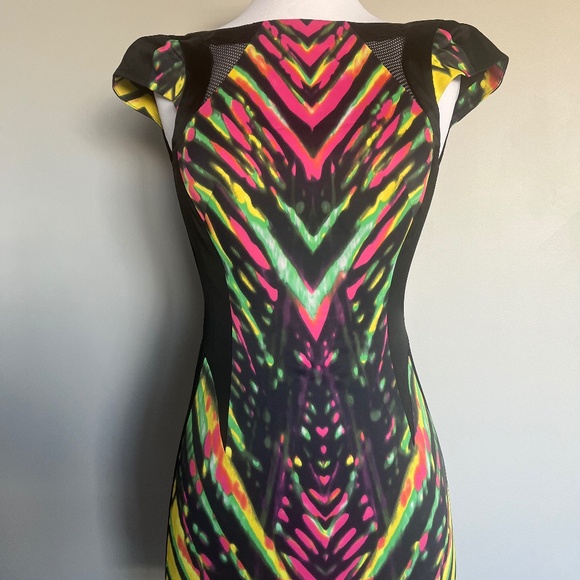 Karen Millen Multicolor Striped Neon Mesh Detail Cocktail Pencil Sheath Dress 2 - Picture 5 of 14